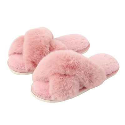 China Winter Heaven and Earth Rabbit Fur Female Slippers Cross Plush Slippers Cotton Clog Belt Heat Breathable Plush Indoor Slippers for sale