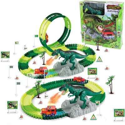 China Electric Toy Assembles Dinosaur Track Spray Dinosaur Orbit Car Toy Slot Spray with Sound/Light Set of Tracks for sale