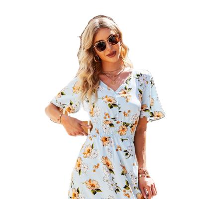 China 2022 Summer Anti-static V-Neck Clothing Ruffles Sleeve Short Waist Trimming Casual Chiffon Print Chinese Dress for sale