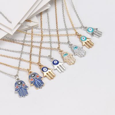 China Hamsa Hand Evil Eyes Necklace Represent Charm Encouragement Card Enamel Hamsa Hand Fatima Hamsa Protection Jewelry Gift Card Health Spirit Blue Evil Eyes Necklace for sale