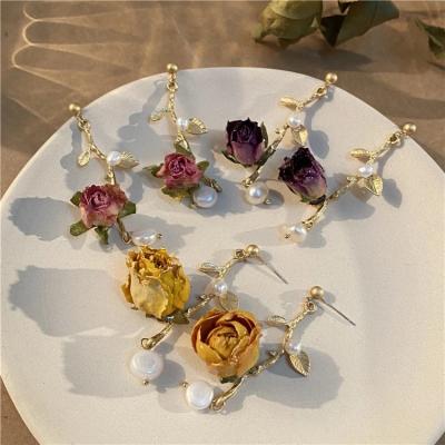 China Retro Romantic Court Design Rose Flower Dry Irregular Baroque Pearl Dangle Earrings for sale