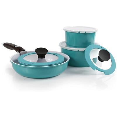 China Amazon Sustainable Hot Sale Blue Ceramic Coating Aluminum Cookware Set With Detachable Handle for sale