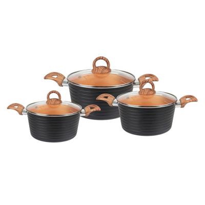 China 6 Pcs Sustainable Aluminum Unpressed Stick Casserole Set With Glass Lid Pot Stock Cookware Sets for sale