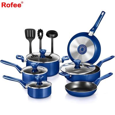 China Sustainable 13pcs Blue Pressed Bakelite Handle Nonstick Aluminum Cookware Pot Set for sale