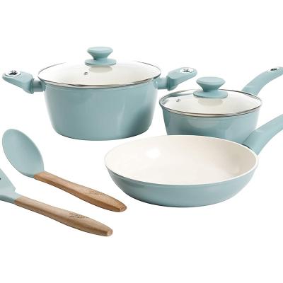 China Sustainable 3 Pieces White Green Nonstick Cookware Sets Ceramic For Kitchen Cookware Sets In Stock for sale