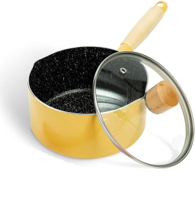 China Sustainable Japanese Style Non Stick Marble Coating Aluminum Ceramic Porcelain Sauce Pan With Wooden Handle for sale