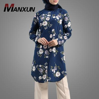 China Elegant Printed Muslim Blouse Online Hotsale Women Long Sleeve Islamic Casual Clothing Plus Size Arabic Clothing East Front Button Islamic Clothing Middle Size Online for sale