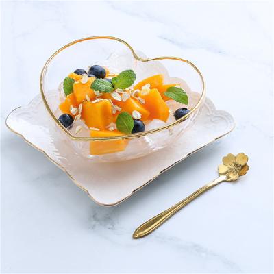 China Factory Stocked Wholesale Cheap Unique Gold Rim Heart Shape Glass Fruit Salad Bowl Cup Tableware Set For Wedding for sale