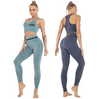 China Breathable Yoga Clothes Cowboy Seamless 2 Piece Legging Woman Fitness Home Gym Set Washed Seamless Gym Wear for sale