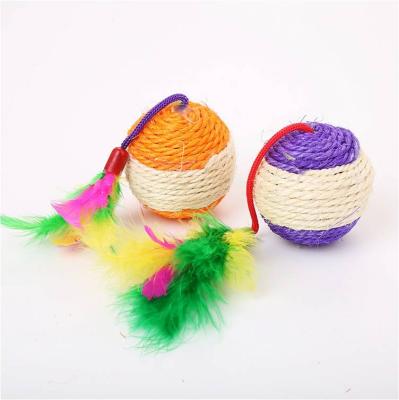 China Dogs& Cats Fun Interactive Feather Toy Sisal Rope Weave Ball Interactive Scratch Toy For Pet Cat for sale