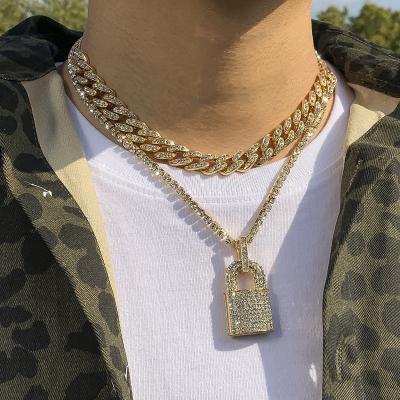 China FASHIONABLE punk full diamond CHAIN ​​CUBAN necklace men and women diamond inlaid lock pendant necklace for sale