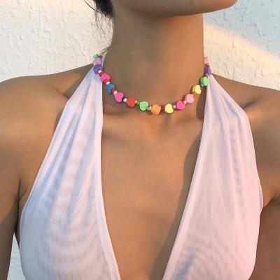 China Bohemia Sweet Colorful Heart Shaped Ethnic Style Necklace Pottery Clavicle Chain Acrylic Necklace Beads FASHIONABLE for sale