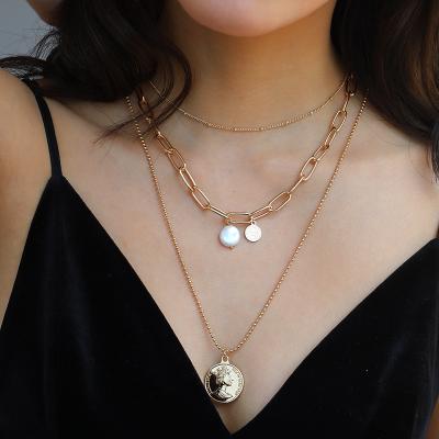 China New Arrival FASHIONABLE Vintage Baroque 3 Gold Coin Pearl Necklace Multilayer Pearl Chain Layered Pendant Necklace for sale