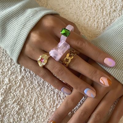 China 4pcs/lot TRENDY Ring Set Cute Plastic Finger Handmade Chunky Ring Retro Resin Acrylic Ring for Women Kids Jewerly Circle Fashion Earrings for sale