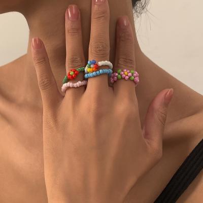 China Small Flower Ring Set of Ring Korean Beaded Woven Flower Jewelry New Arrivals 5pcs/lot FASHIONABLE for sale