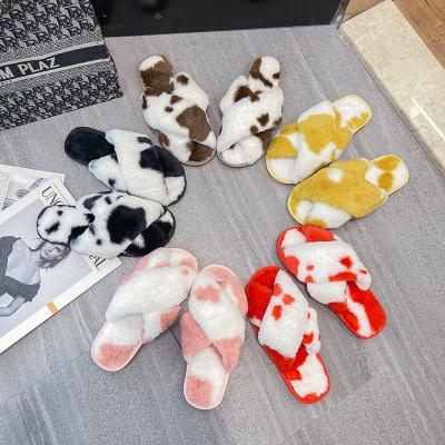 China Fashion trend cow pattern wool slippers women autumn and winter fashion tie dyed cotton cross open toe big toe home slippers for sale