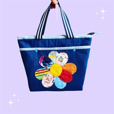 China PORTABLE Japan Style Acid Wash Denim Custom Tote Bag Flower Splicing Handbags Shoulder Bag for sale