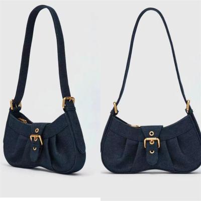 China 2023 fashion design belt buckle denim bag half-moon style shoulder bag anti-theft luxury women for sale