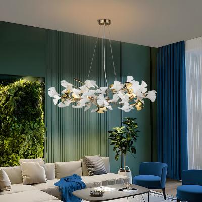 China Modern Modern Decorative Copper Chandelier Design White Gold Leaves Luxury Pendant Lamp Hotel Villa Dining Table Light for sale