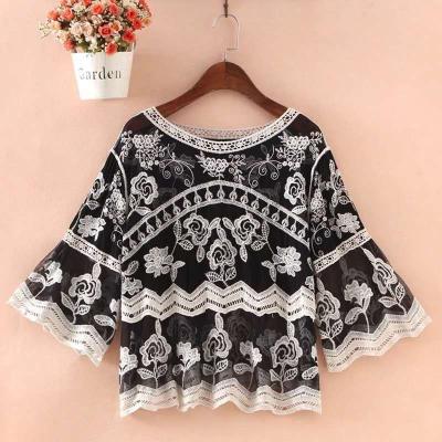 China Sexy Anti-Static Crochet Lace Loose Round Neck Plus Size Women Crochet Chevron Floral Embroidered Casual Tops for sale