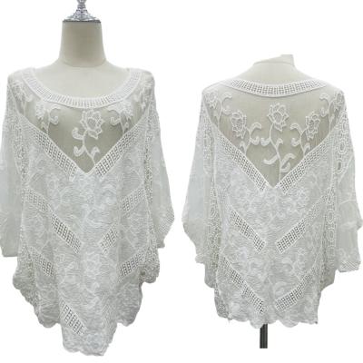 China Anti-Static Flower Women's Butterfly Embroidery Batwing Sleeve Lace Tops Cotton Tops Loose Women's Crochet Top Sexy Perspective Summer for sale