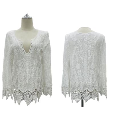 China Anti-Static Flower Women's Butterfly Embroidery Batwing Sleeve Lace Tops Cotton Tops Loose Women's Crochet Top Sexy Perspective Summer for sale