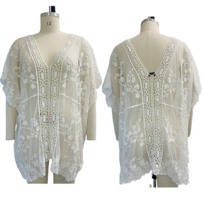 China Sexy Embroidery Diamond Flower Women's Beach Anti-Static Batwing Sleeve Top Blouse See Through Lace Party Dresses for sale