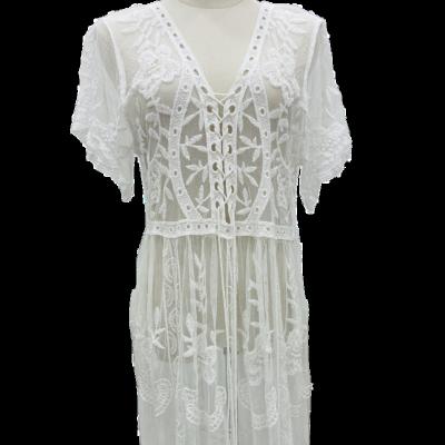 China NEW Anti-Static Lace Shorts Sexy White Floral Embroidered Ties Front Beach Dress See Through Lace Beach Wear Sleeve Cover Up for sale