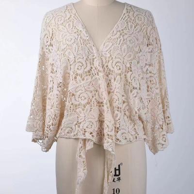 China 2023 Anti-Static New Lace Cape Hollow Out Floral Lace Cotton Bow Tie Loose Fit Cape Crochet Tops for sale