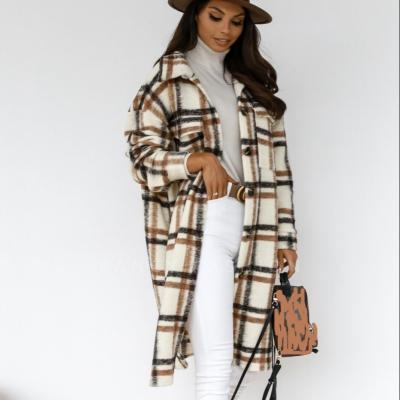 China New Winter New Ladies Clothing Fashion Plaid Print Lapel Shirt Woolen Coat Mid Length Casual Thick Warm Jacket Raincoat For Women for sale