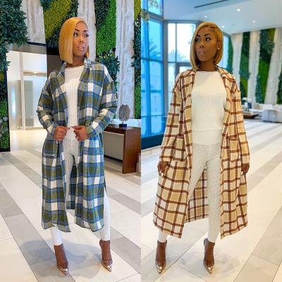 China Sustainable Sale Plaid Printing Plaid Jacket Turn-Down Collar Sheath Long Coat Women Long Sleeve Warm Casual Shirt And Jacket Clothing for sale