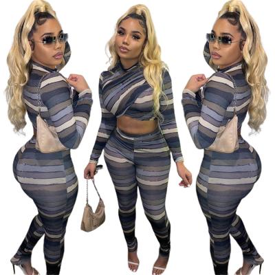 China Newest Design Viable Print Striped Irregularity 2 Piece Set Autumn Long Sleeve Crop Top Pencil Pant Women Print Two Piece Set for sale