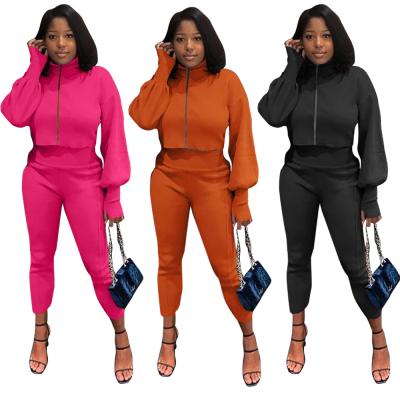 China Bestselling Long Sleeve Puff Zippers Coats Autumn Sweatpants Sportswear Ladies 2 Piece Solid Colors Casual Set Women 2 Piece Set for sale