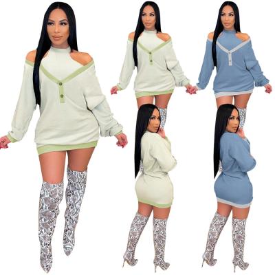 China Women's Casual V-Neck V-Neck Long Sleeve Vest Dress Long Sleeve V-Neck Patchwork Two-Piece Dresses Set High Quality Colorful Short Drop-Sleeve Two-Piece Dress for sale