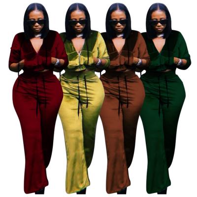 China Hot Selling Solid Color Viable Long Drop Rocket Pants Women's Hoodie Two Piece Set Long Sleeve Corduroy Hooded Coat Set for sale