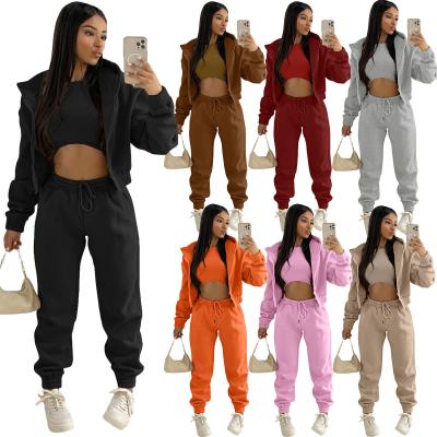 China Autumn Solid Color Sweat Panties Fashionable Women Long Sleeve Pants Hoodie Coat Vest Long Sleeve Sets Three Piece Sweatpants Set for sale