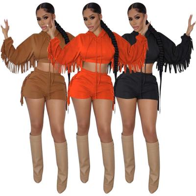 China Spandex/Polyester Spandex/Tassel Decoration Short Sleeve Hoodie Autumn New Style Solid Color Polyester Long Shorts Casual Popular Two Piece Sets Two Piece Sets for sale