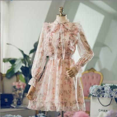 China Elegant Floral Print Bow Dress Women Dry Cleaning Soft Fashion Neck Chiffon Dress For Women Casual Long Sleeve Chiffon Floral Dress for sale