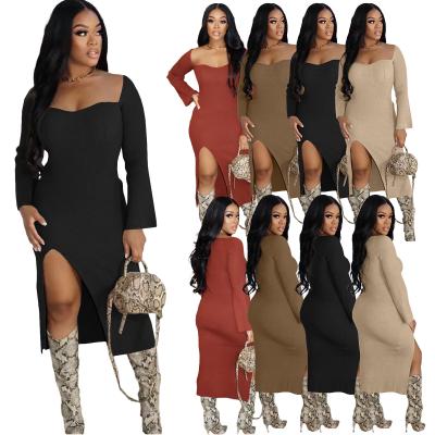 China High Quality Breathable Long Sleeve Place-Neck Knitting Tight Dress Autumn Solid Color Women's Knitwear Side Split Long Dress for sale