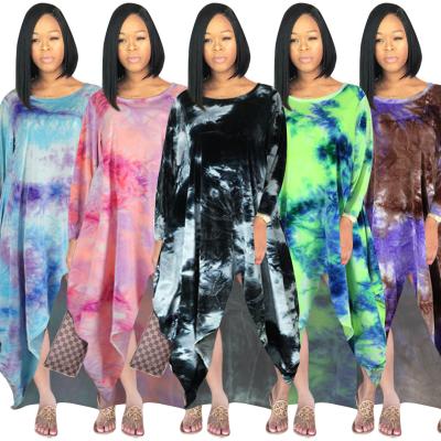 China Fashionable Long Sleeve 3xl Plus Size Tie Dye Irregularity Dress Comfy O-Neck Loose Long Sleeve Women's Dresses for sale