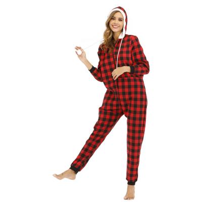 China New Arrival Women's Breathable Christmas Printing Plaid Hooded Pajamas Print Onesie Christmas Adult Matching Pajamas for sale