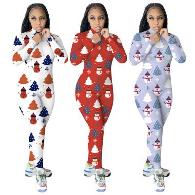 China Good Quality Breathable Christmas Printing Zippers Womens Long Sleeve Pajamas Autumn Christmas Pajamas Overalls Breathable Onesies For Women Pajamas for sale