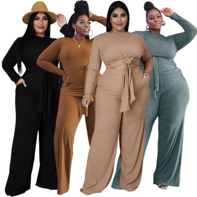 China New Fashionable Viable Rib Knit Viable 5xl Plus Size Womens Drop Sets Wide Leg Pants Long Sleeve Bandage Two Piece T Shirt Women Ribs Two Piece Set for sale