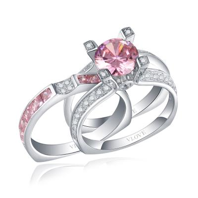 China Romantic New Designs Style Women's Beautiful Noble Rose Quartz Trio Rings Sets Silver Zircon Jewelry 925 Ring for sale