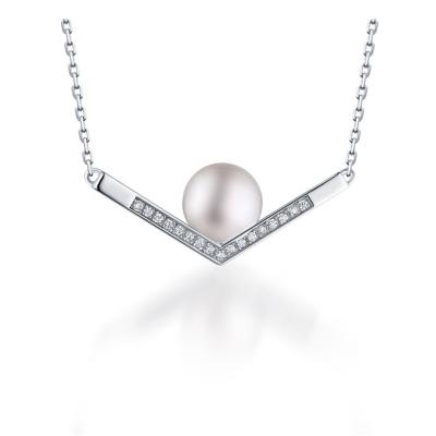 China TRENDY Women V Shaped Pearl and CZ Pendant Necklace, Girls Fashion Pearl Drop 925 Sterling Silver 14k/18k Plated Necklace for sale