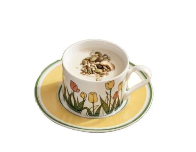 China Viable Flower Ceramic Cup And Saucer Vintage Exquisite Dish Glazed Porcelain Yellow Tulip Pattern Decal Craft for sale