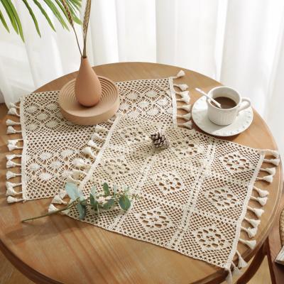 China Europe Tassel Squares Table Cloth Rectangle Beige Geometric White Hand-crocheted Ribbon Embroidered Tablecloth for sale