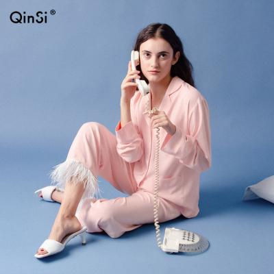 China QINSI Breathable Woman 2 Pieces Home Suit Double Breasted Pockets Salon Dual Use Cotton Feather Pajamas Set Women Single Pink Black Sleepwear for sale