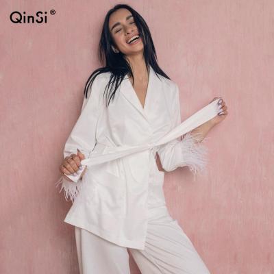 China QINSI Breathable Loose Wide Leg Pants Woman Winter Pajamas Women Pajama Sets Double Pocket Sleep Sets Satin Robe With Fur Feather Sleepwear for sale