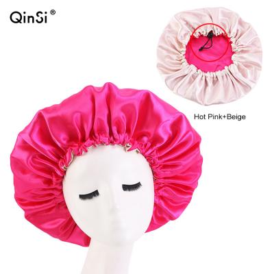 China Image QINSI Hits 2021 Private Label Custom Women's Hair Beauty Extra Large Satin Hood With Logo Drawstring For Sleep for sale